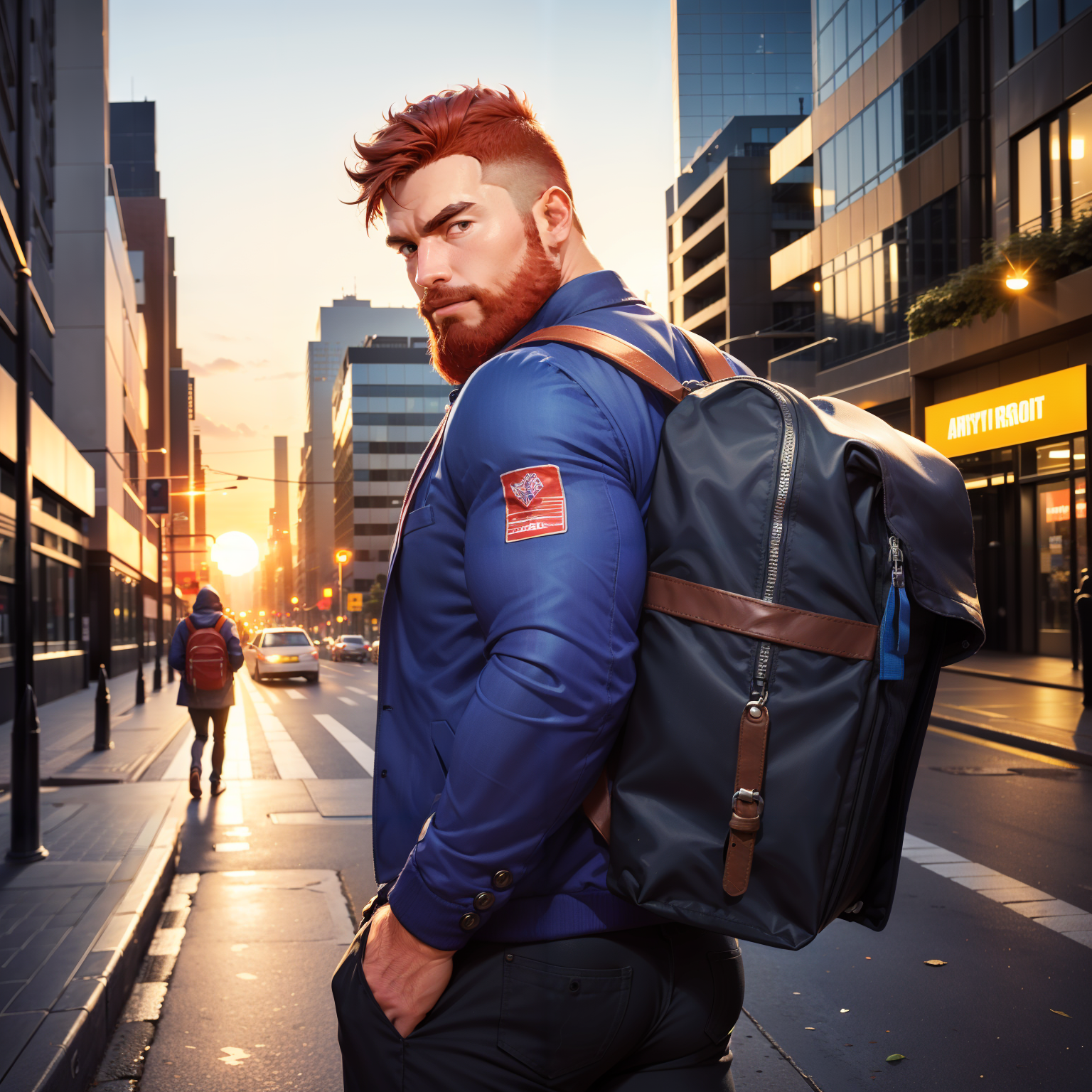 00257-1296486913-1 male with a backpack on a city street at sunset, looking back, short red hair, beard, blue jacket, Anthony Angarola, portr.png